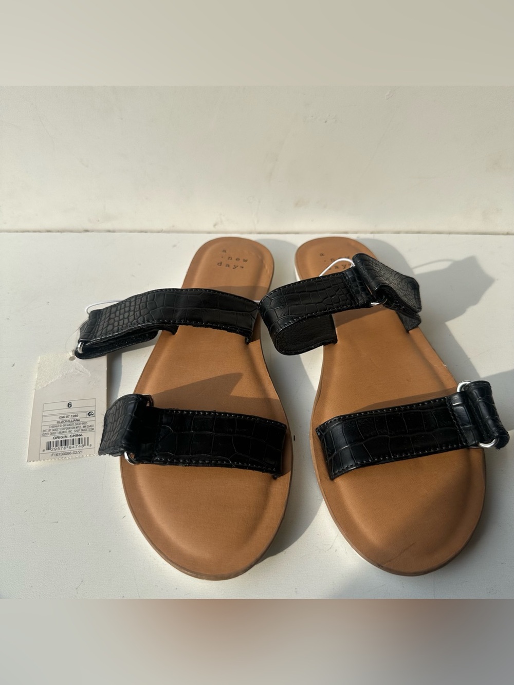 A New Day Women’s Black Croc Embossed Double Strap Slide Sandals Size 6